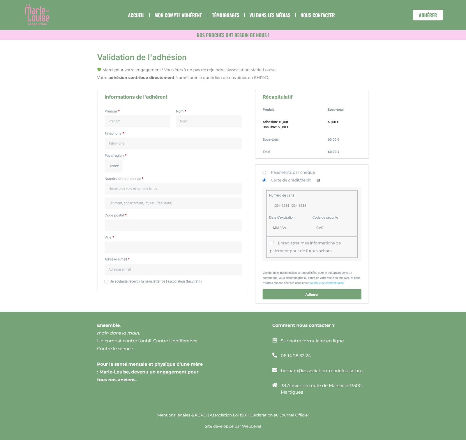 Page d’adhésion en ligne de l’Association Marie-Louise