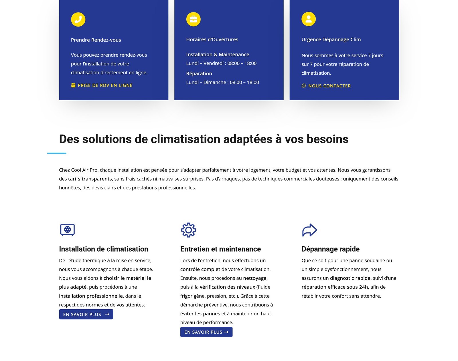 Page de présentation des services Cool Air Pro