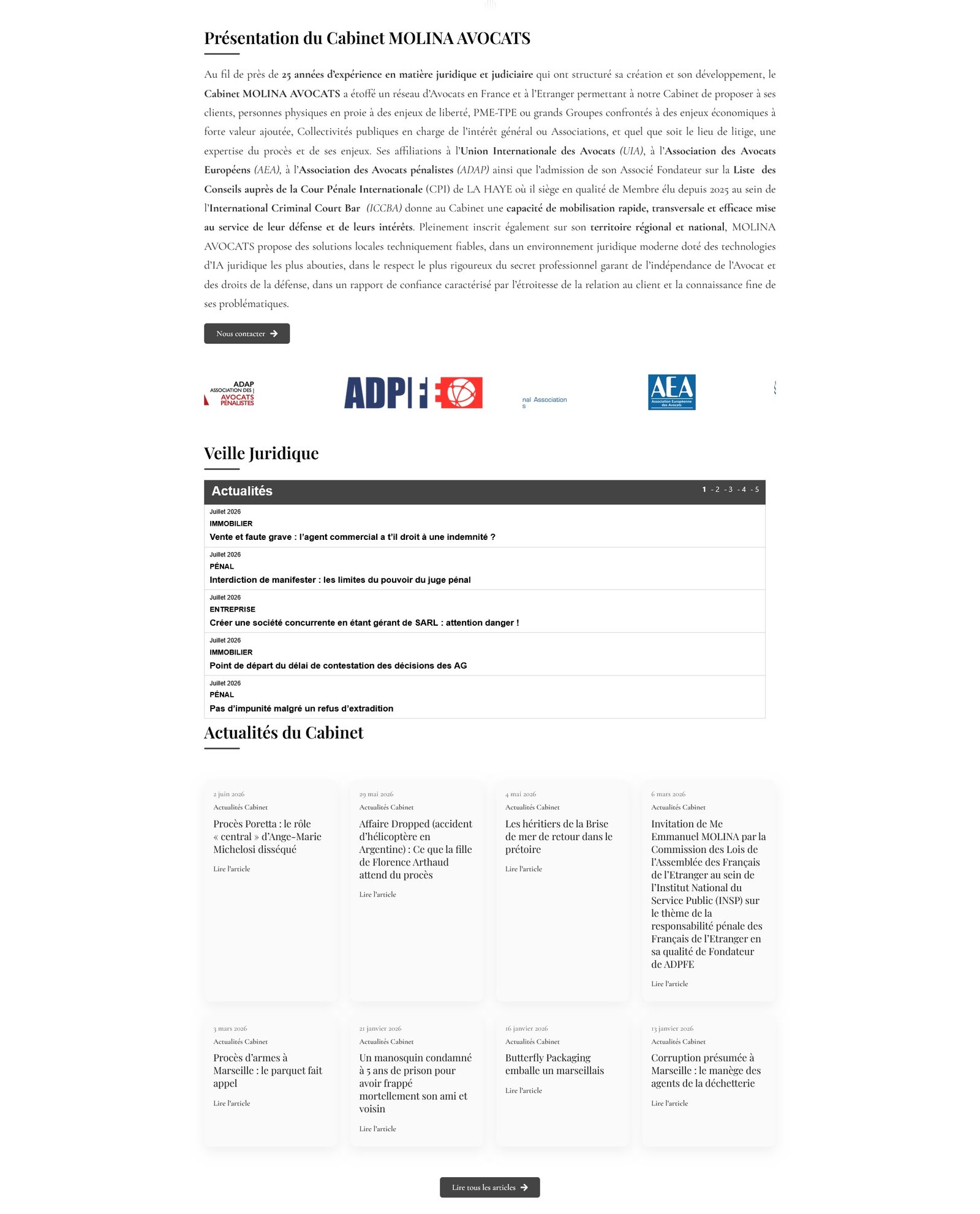 Page de présentation des domaines d’intervention du cabinet Molina Avocats