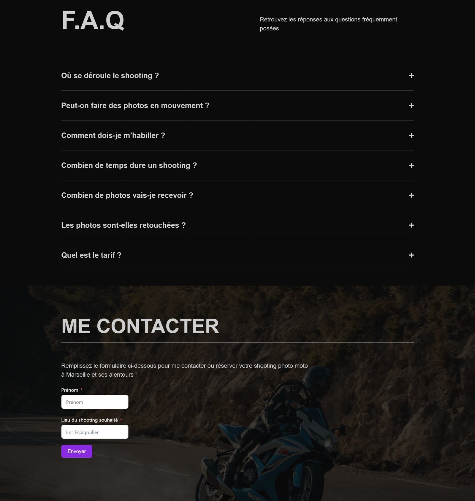 Design d’une page prestation shooting moto