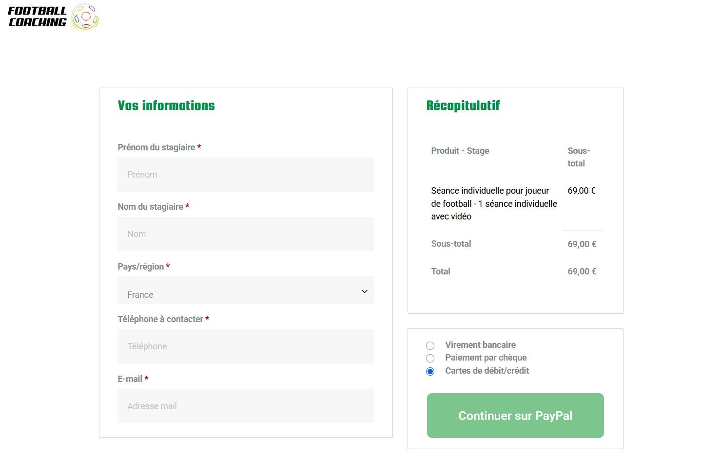 Formulaire d'inscription en ligne aux stages Football Coaching
